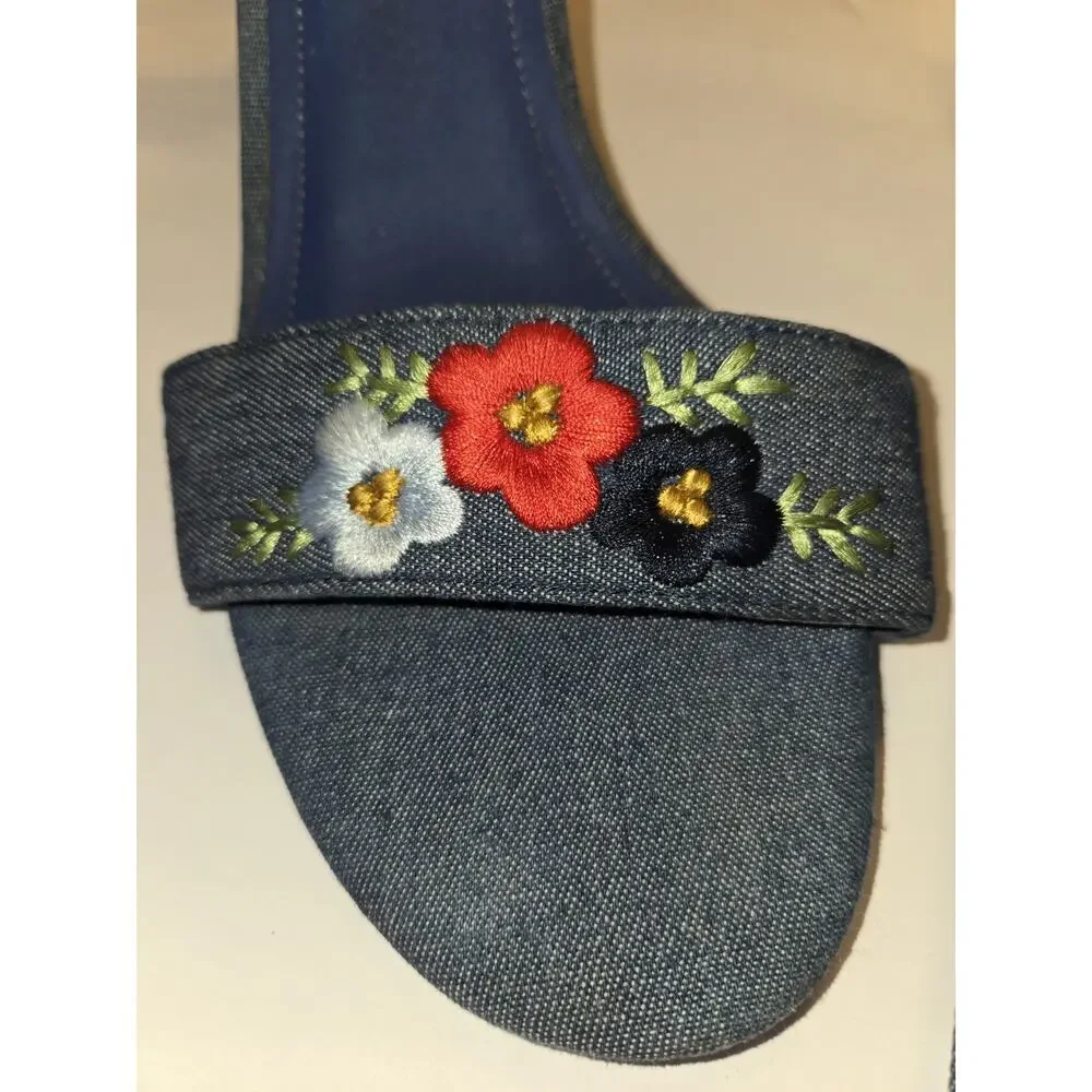 Kenneth Cole Reaction Womens Size 11 Embroidered Denim Heels w Tie Around Ankle